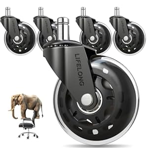 Lifelong Original Office Chair Wheels (As Seen On CNN) Replacement Rubber Chair Casters for Hardwood Floors and Carpet, Set of 5, Heavy Duty Casters for Chairs to Replace Office Chair Mats – Fits 98%