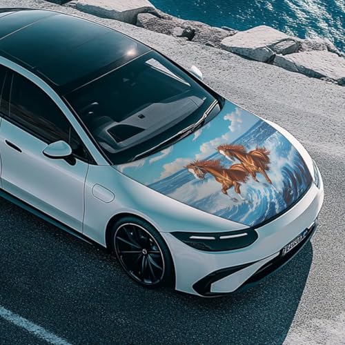Image of Running Brown Horse Print Hood Covers for Cars, an All-Weather Waterproof Car Cover with a Windshield Snow Cover for Cars, Trucks, and Vans