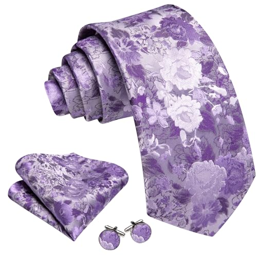Image of Barry.Wang Flower Ties for Men Handkerchief Cufflinks Set Wedding Necktie Set Party