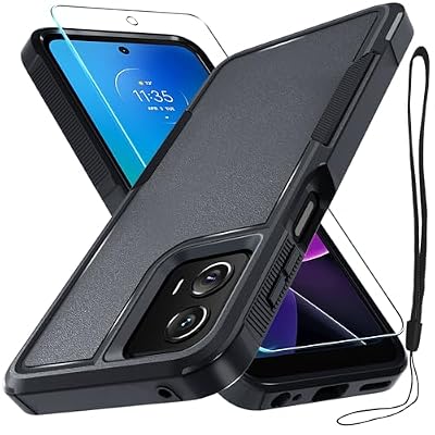 RMOCR Case Compatible with Moto G Power 5G 2024, Full Body Heavy Duty Rugged Shockproof Protective Phone Cover with Lanyard Strap, Tempered Glass Screen Protector, Black Matte