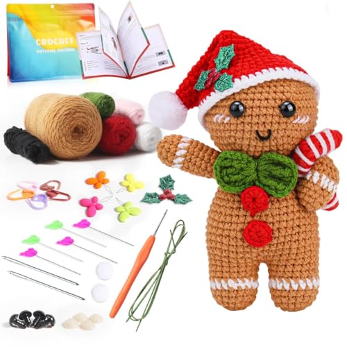 Tierong Crochet Kit for Beginner Gingerbread Man Crochet Kit with Step-by-Step Video Instructions Easy to Learn for Ideal Christmas Gift for Adults