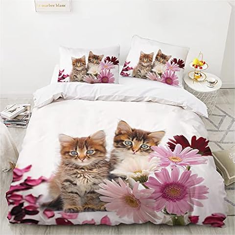HOMHOMHA Cat and Flowers Bed Duvet Set 3D Printed Two Lovely Kitty with Pink Flowers Pattern Duvet Cover Set Bedspread,Double Size for Kids Girls Boys Adults Bedroom Cover