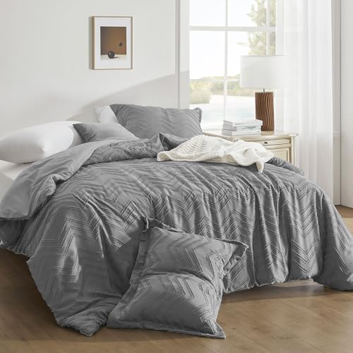 downluxe Boho Twin Duvet Cover - Embroidery Shabby Chic Duvet Cover Twin Set for All Seasons, 2 Pieces Tufted Boho Bedding, Comforter Cover with Zipper (Grey 01, Twin, 68" x 90")