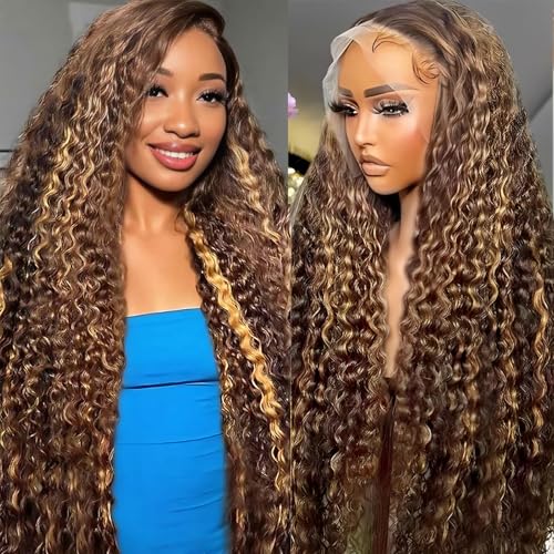 28 Inch Highlight Ombre Deep Wave Lace Front Wigs Human