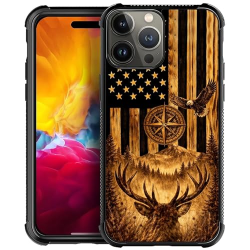 Toulas for iPhone 15 Pro Case,Wood Grain American Flag Buck Hunter Deer Design，All-Round Protection Shockproof Anti-Scratches TPU Cover,Cases for Woman Man