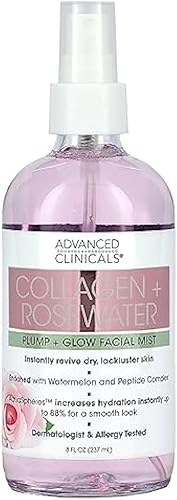 Advanced Clinicals Colágeno Rosewater Face Mist - Spray de tóner facial no graso para hidratación instantánea con agua de rosas pura y extractos