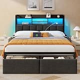 Furnulem Queen Bed Frame with Storage Drawers, Upholstered Headboard with LED Light & Charging Station, Metal Platform Bed Frame Queen Size, Noise Free, No Box Spring Needed, Black (1200 lbs Capacity)