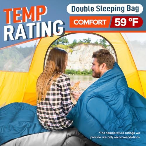 Image of MEREZA Double Sleeping Bag for Adults Mens with Pillow, XL Queen Size Two Person Sleeping Bag for All Season Camping Hiking Backpacking 2 Person Sleeping Bags for Cold Weather & Warm
