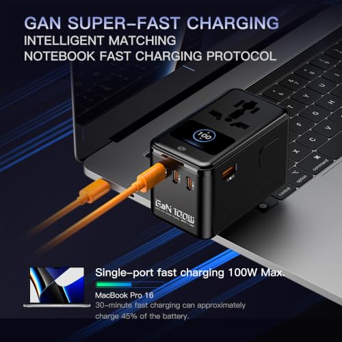 Image of MX 100W GaN Universal Travel Adapter Smart LCD Display Fast Charging Station, Multi Device Charger, USB-C PD 100W International Plug Adapter for 200+ Countries | MacBook, iPhone, Samsung & Laptop