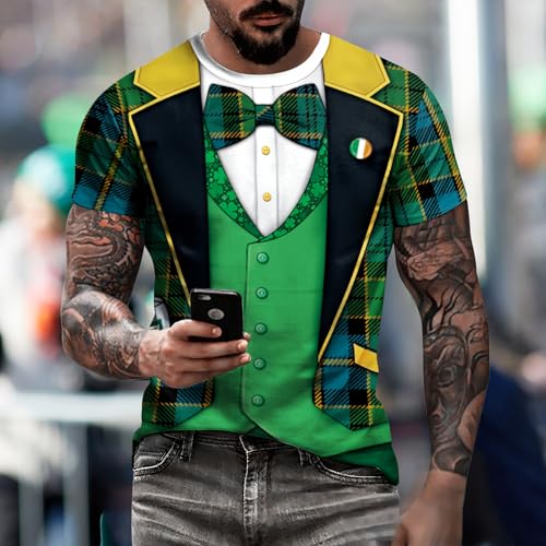 Image of Eciodci Men's St Patricks Day T-Shirts Novelty 3D Printed Shamrock Tuxedo Tees Shirt Clover Leaves Casual Short Sleeve Shirts