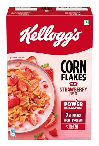 Image of Kellogg's Corn Flakes Real Strawberry pure | Power of 5: Energy, Protein, Iron, Calcium, Vitamins B1, B2, B3 & C | Corn Flakes, Breakfast Cereal | Naturally Cholestrol Free, 300 Gm