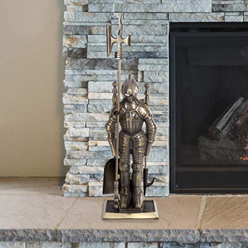 Lavish Home 3-Piece Fireplace Tool Set- Medieval Knight Cast Iron Statue Holds Heavy Duty Essential Tools - Includes Shovel, Broom & Poker