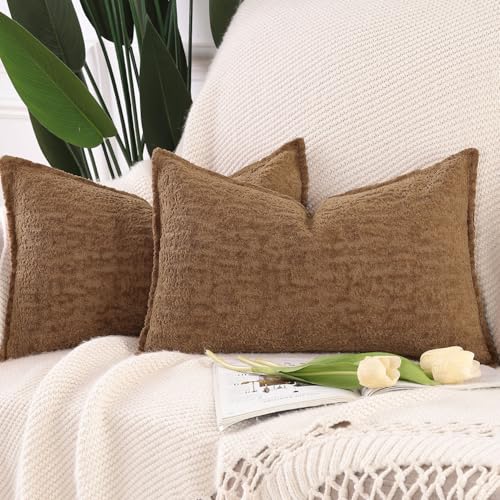 Madizz Lot de 2 Doux Housses de Coussin en Chenille Velours avec Bordure Décorative pour Canapé Chambre à Coucher Salon Marron 30x50 cm