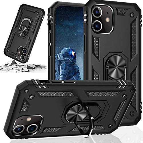 STORM BUY Phone Case Compatible for [ iPhone 12 / iPhone 12 Pro ], Heavy Duty Armor Back Cover with [Shock Absorption] Protection, Kickstand Ring Black Case for iPhone 12 & 12 Pro, 6.1 inches-KKBK