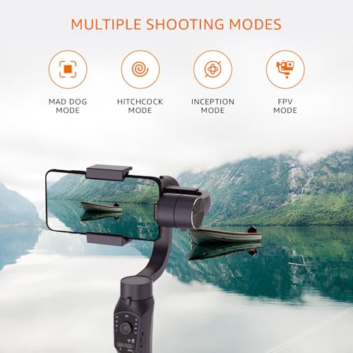 Image of Amazon Basics Handheld Gimbal Stabiliser with 3-Axis Feature and Tripod, Facial Tracking, Time Lapse, FPV, Up to 12 Hours Operational Time, Compatible with All Smart Phones (Dark Grey)