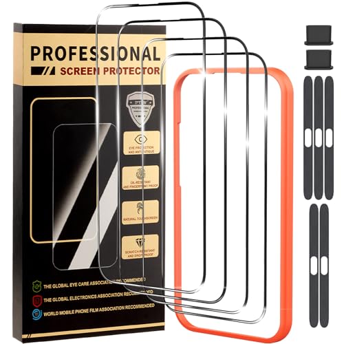 4 Pack for iphone 14 pro screen protector 6.1 inch for iphone 15 pro iphone 16 pro Tempered Glass Optional with Install Frame Case Friendly, Dynamic Island Compatible, Sensor Protection, HD, 9H