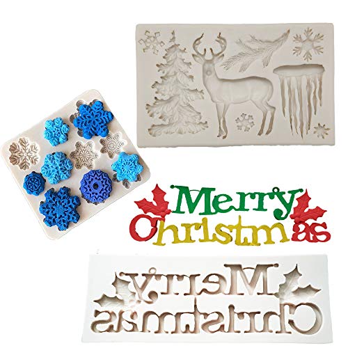 Wootkey Set of 3 Christmas Theme Merry Christmas Reindeer Snowflake Fondant Silicone Mold