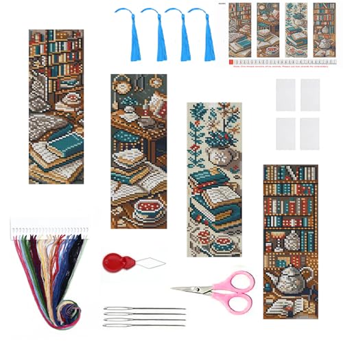 4PC Blue Bookshelf Counted Cross Stitch Bookmark Kit for Adults Beginners 14CT Pre-Printed DIY Stamped Bookmarks Embroidery Kit Handmade Supplies Full Accessory Crafts for Adults 8x2.4