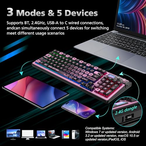 Image of H98 Wireless Mechanical Keyboard,96-Key Hot-Swappable Wired Gaming Keyboard,Tri-Mode Bluetooth 5.0 2.4G USB-C,1.14 inch Color Screen,Double Knob,6000mAh,RGB,PBT Keycaps for PC Mac iPad-Black