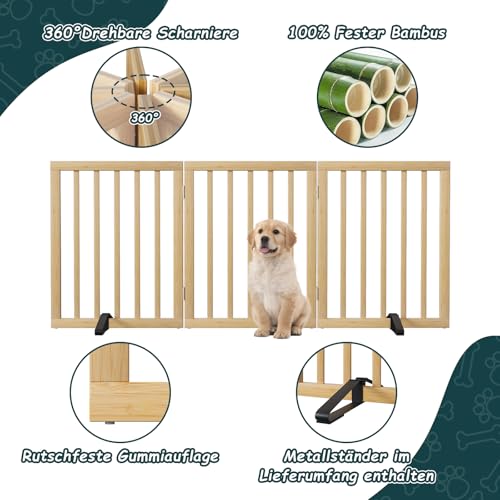 Semiocthome Freistehendes Hundegitter aus Bambus für Türen, 3-teilige Indoor-Welpentore für das Haus mit 2 Metallständern, 61 cm (H), zusammenklappbares Haustiergitter für Treppen, erweiterbar bis zu