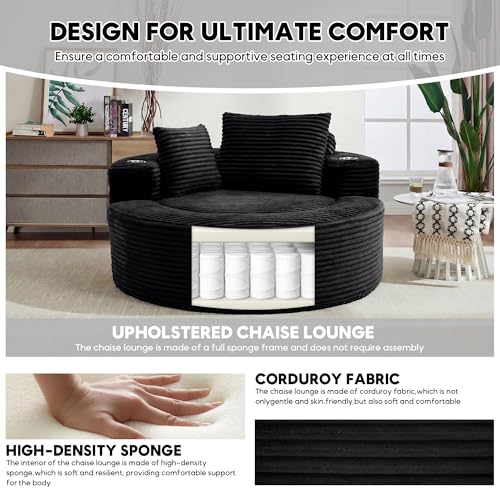 Image of Oversized Round Chair Lounge Chaise Indoor, 55.5 inch Upholstered Corduroy Deep Seat Single Cloud Sofa Chair with Cup Holder, Modern Large Circle Boneless Sleeper Sofa for Living Room, Black