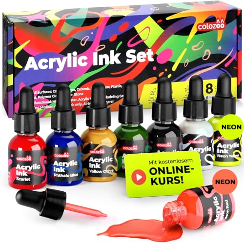 Colozoo 8x20ml Acrylic Ink Set Permanent Wasserfeste Acryltinte inklusive 6 Primärfarben & 2 Neon Farben Flüssige Acrylfarbe für Airbrush Gießkunst Acrylmedium Acryl Ink für Alle Oberflächen