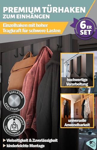 Menz Premium Türhaken zum Einhängen, 6er Set - Einzeln verwendbare Kleiderhaken Tür aus Edelstahl, hochwertige Türgarderobe - Schwarze Haken zum Einhängen, Türhakenleiste mit hoher Tragkraft