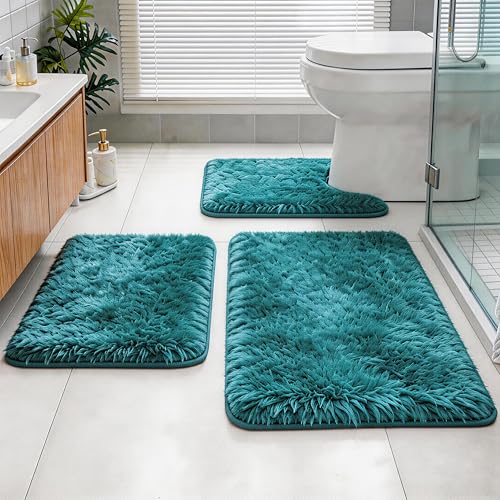 Shaggy Bathroom Rugs Set Plush Velvet Bath Rugs Non-Slip Bath Mat Set 3 Piece Washable Mats Absorbent Shaggy Rugs Super Soft U-Shaped Toilet Rug Bahroom Carpets for Bathroom Tub Shower(Teal Blue