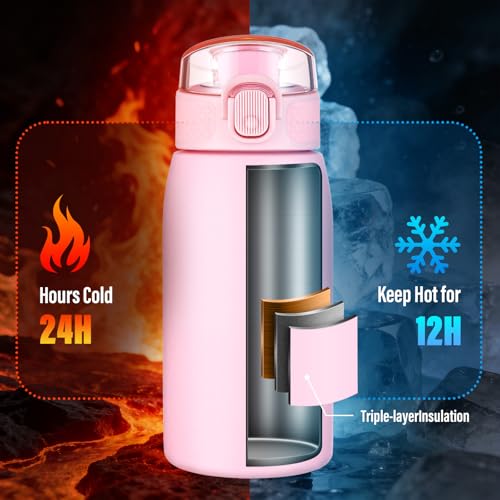 Image of Insulated Water Bottle 12 oz with Dustproof Lid, Carry Handle & Tea Infuser, BPA-Free & Leakproof, Stainless Steel Water Bottles Ideal for Fitness, Hiking, Office & Outdoor Use (Water Pink )
