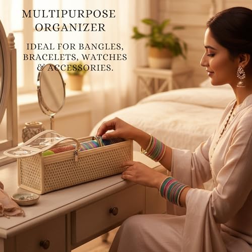 Image of Single R Rod Bangle Box Organizer for Women | Hard Board Chudi Storage Box with Removable Rods & Transparent Top Window | Jewellery Organizer | Beige | Set of 14
