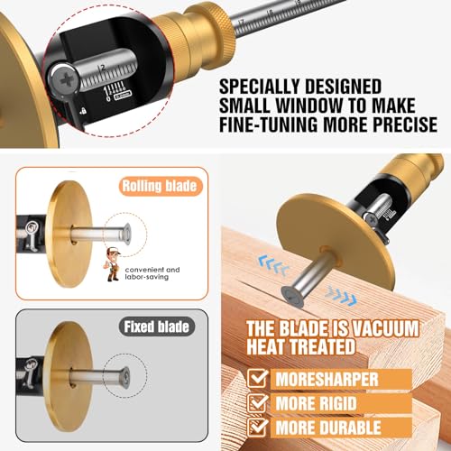 Loodmeo Wheel marking gauge, solid brass marking tool, 0.2mm fine adjustment, draws precise lines, latest roller blade design, an excellent value for everyday carpentry work(Rollable Blade)
