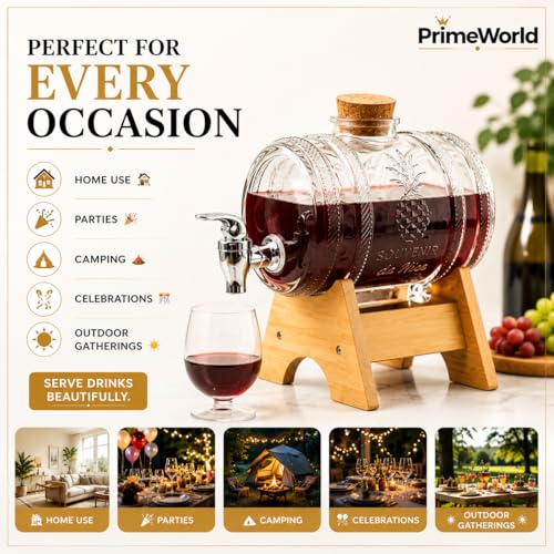 Image of 3L Glass Beverage Dispenser Barrel with Wooden Stand & Leakproof Tap | Premium Drink Server for Juice, Water, Wine, Cocktails & Iced Tea | Ideal for Home, Parties & Camping