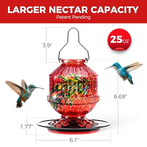 Blown Glass Hummingbird Feeders for Outdoors, 25 Ounces Wild Bird Nectar Feeder with Perch & 5 Flower Feeding Ports Leak Proof Hanging for Garden Backyard Decor, Gifts for Women Mom, Phoenix Red - Image 4