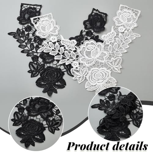 AHANDMAKER 2Pcs Vintage Floral Lace Neckline Collar Patches, Black & White Rose Lace Applique Patches - Image 4