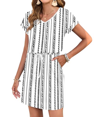 Image of AUSELILY Womens Summer Mini Dress, Short Sleeve V Neck Drawstring Casual | Soft smooth drape with an adjustable drawstring waist for beach, casual outings and daily wear