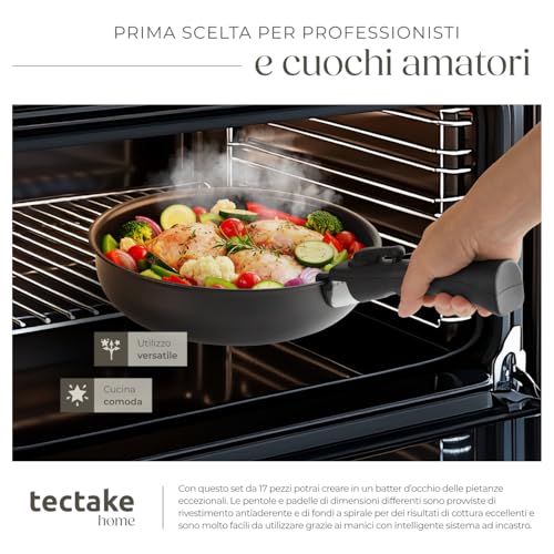 Tectake®, Set Di Pentole 17 Pezzi, Set Pentole Induzione Anche Per Pianio A Gas Ed Elettrici, Pentola Per Pasta, Antiaderenti, Manici Removibili - 2 Padelle, 1 Padella Grill, 2 Pentola Pot, 4 Coperchi - 9
