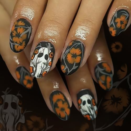 Tyuimhx Cute Halloween Press on Nails Short Oval Fake Nails White Ghost False Nail with Orange Flower Designs Black Matte Artificial Acrylic Glue on Nail for Women 24Pcs