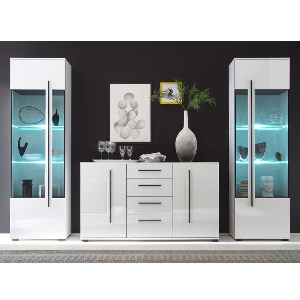 Lomadox Wohnwand Set in weiß Hochglanz mit 2 Vitrinen inkl. LED und großem Sideboard BxHxT: 300x200x42cm