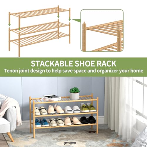 3-Tier Bamboo Long Shoe Rack, Free Standing Wood Shoe Shelf Storage Organizer for Closet Entryway Stackable 35"x11"x20" (Natural)