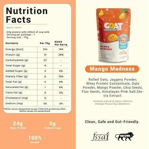 Image of GOAT Life Overnight Oats 2.07kg (Pack of 30) | Assorted High Protein 20g | No Refined Sugar | Natural Breakfast Cereal | Ideal for Weight Management | Spoonfree Oatmeal