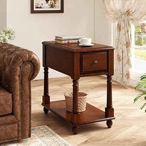Narrow Open End Table with Drawer Solid Wood Side Table 2 Tier Skinny Table with Storage Shelves Slim Nightstand Small Sofa End Table for Living Room Bedroom Cherry Walnut 004DWA