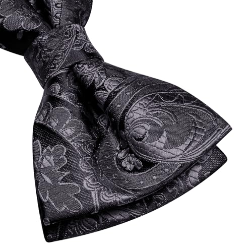 Image of Hi-Tie Bow Tie Men Pre Tied Bowtie Pocket Square Cufflinks Lapel Pin Formal Wedding Bow Ties for Men Party Tuxedo Bowtie Set,Black Paisley Floral