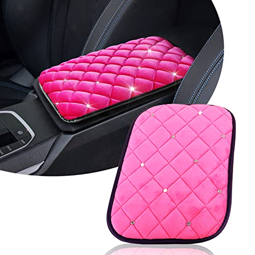 Yonput 1 PC B-ling Car Center Console Cover Cushion, 11.4In x 8.3In Comfortable Plush Armrest Cushion, Car Soft Glossy Rhinestone Anti-Slip Mat, Universal for Most Car Men & Women Interiors (Pink)