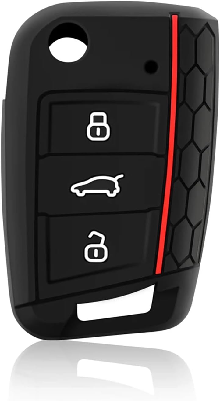 TPU Key Fob Cover Compatible with Vw Golf 7 Polo Tiguan T-Roc Seat Leon Cupra Ibiza Ateca Arona Skoda Octavia Superb Kodiaq, 3 Button Vw Golf Key Protection Cover Silicone (Red Line)