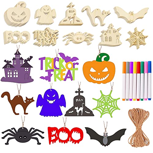 MGparty 60Pcs Halloween Wooden Slices DIY Arts & Crafts Kit Blank Wooden Gift Tags Wood Hanging Decorations Cutouts Crafts Kit for Kids Halloween Crafts Party Favor Supplies