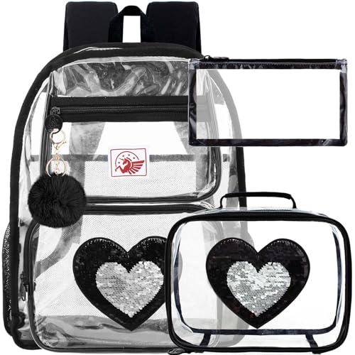 UFNDC 3PCS Clear Backpack Heavy Duty, See Through Sequins School Bag for Girls, Black Transparent Bookbag for Women