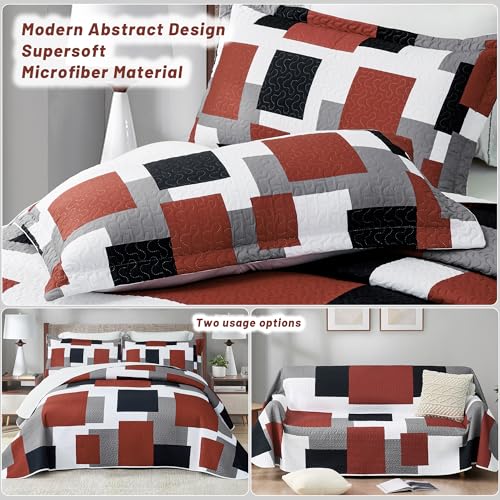 Image of Tyrot 3 Piece Burnt Orange Quilt Cal King Size Black White Bedding Set | Lightweight Bedspread, Geometric Coverlet with 2 Sham, Modern Abstract Soft Microfiber, Bed Cover for All Season, 118''x106''