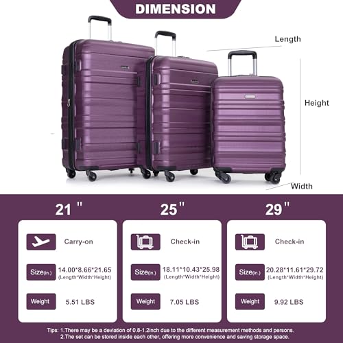 Expandable 3-Piece Luggage Set (21", 25", 29"), PC Lightweight & Durable Suitcase with 360° Spinner Wheels, Two Hooks and TSA Lock, Carry-On & Checked Travel Gear Set (Dark Purple)2