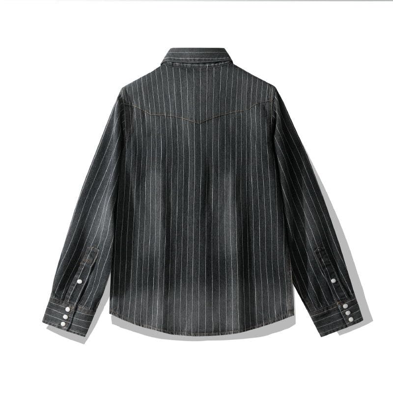 Camisa de mezclilla desgastada a rayas con botones y acabado retro lavado 4