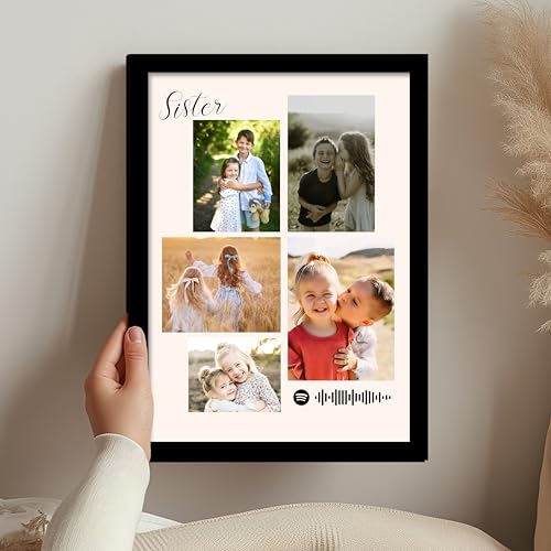 Image of Customized Sister Gift for your Sister with 5 Pictures Collage print along with Spotify Song Code, Photo Frame With Photo Upload, Birthday, Couple, Rakhi (9.2x12.6 Inch)